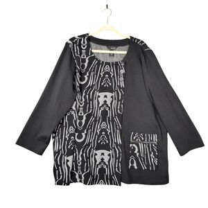 ALI MILES Black Artsy Abstract 3/4 Sleeve 3 Button Art To Wear Top SIZE 1X